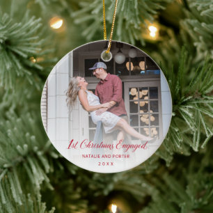 Simple Red Script Modern First Christmas Engaged Ceramic Tree Decoration