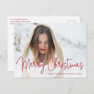 Simple Red Script Photo Modern Elegant Christmas Holiday Postcard