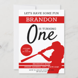 Simple Red Silhouette Baseball 1st Birthday Invitation