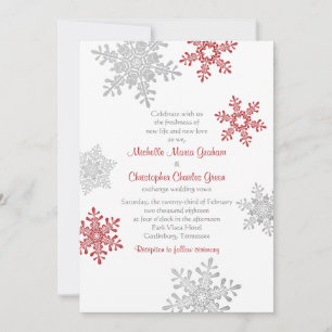 Simple Red Silver Snowflake Winter Wedding Invitation