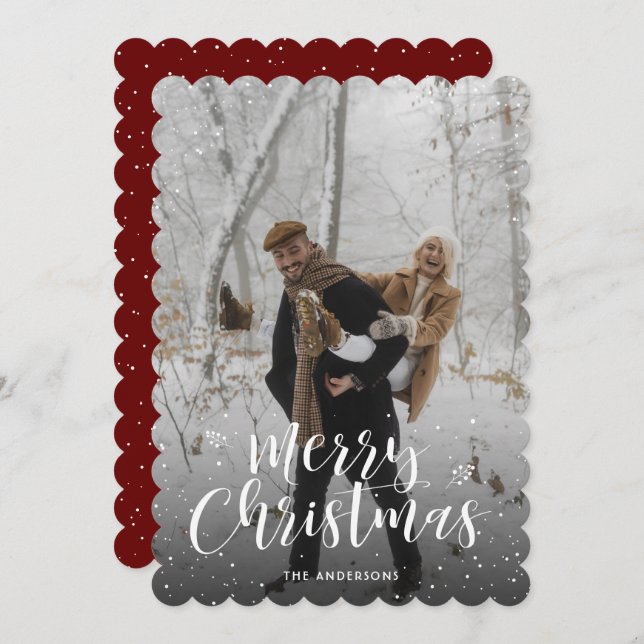Simple Red Typography Snow Photo Merry Christmas Holiday Card (Front/Back)