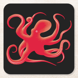 Simple Red Vector Art Octopus Silhouette Square Paper Coaster