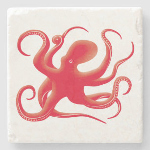 Simple Red Vector Art Octopus Silhouette Stone Coaster