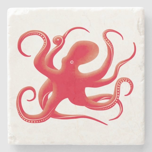 Simple Red Vector Art Octopus Silhouette Stone Coaster (Front)