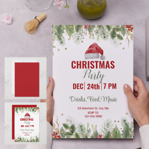Simple Red Watercolor Floral Christmas Party  Invitation