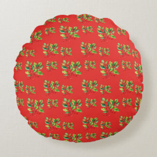 Simple red Watercolor Holly Berries Xmas Pattern Round Cushion