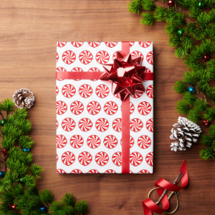 Simple Red White Candy Cane Candies On White Gift Wrapping Paper