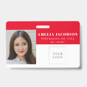 Simple Red White Employee Photo ID Logo Barcode Badge