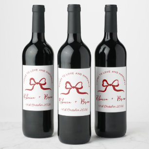 Simple Red & White Hand Drawn Bow Sketch Wedding Wine Label