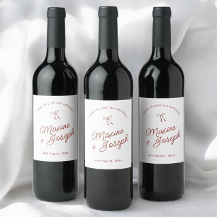 Simple Red & White Hand Drawn Bow Sketch Wedding Wine Label
