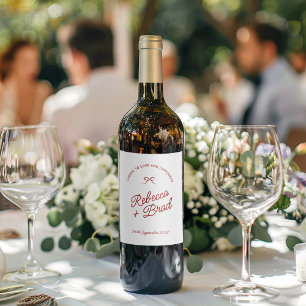 Simple Red & White Hand Drawn Bow Sketch Wedding Wine Label
