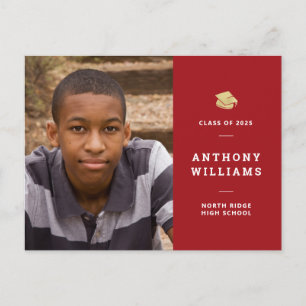 Simple Red & White Modern Photo Graduation Postcard