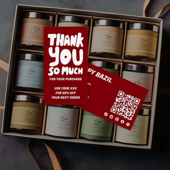 Simple Red & White Order Thank You Social QR Code  Business Card (Simple handlettered thank you card with QR code and social media icons)