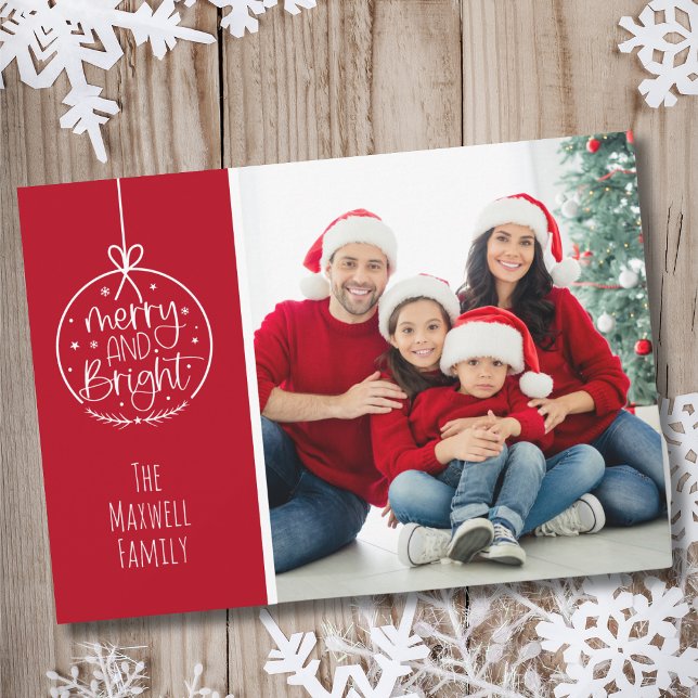 Simple Red White Photo Merry Christmas Holiday Card (Simple Red White Photo Merry And Bright Christmas Holiday Card)