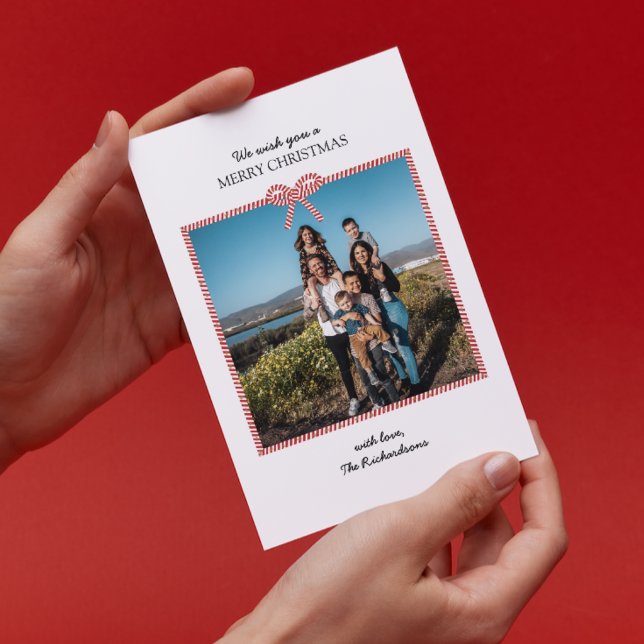 Simple Red White Stripe Bow Photo Christmas Card (Creator Uploaded)