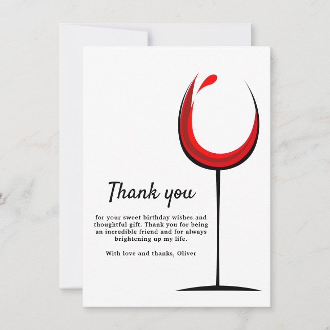 Simple Red Wine Glass Birthday  Thank You Card (Front)