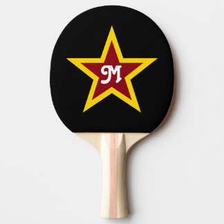Simple Red & Yellow Star Custom Monogram on Black Ping Pong Paddle