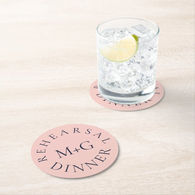 SIMPLE REHEARSAL DINNER OXFORD BLUE AND BABY PINK ROUND PAPER COASTER (Insitu)