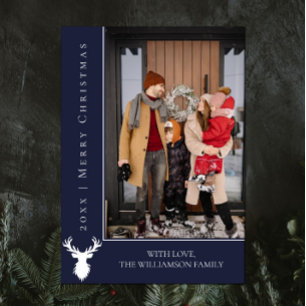 Simple Reindeer Christmas Photo Card Blue