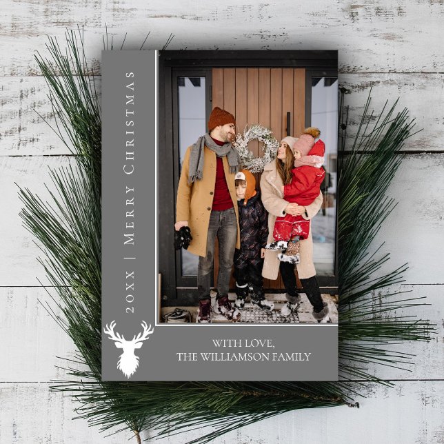 Simple Reindeer Christmas Photo Card | Grey (Gray Simple Reindeer Christmas Photo Card)