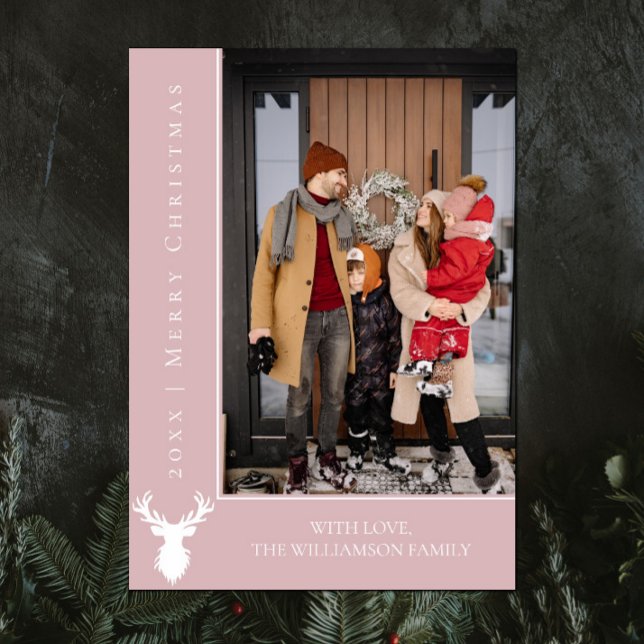 Simple Reindeer Christmas Photo Card | Pink (Pink Simple Reindeer Christmas Photo Card)