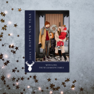 Simple Reindeer New Year's Photo Card Blue