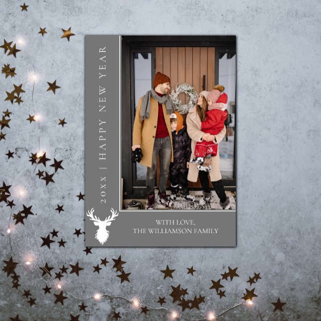 Simple Reindeer New Year's Photo Card | Grey (Simple Reindeer New Years Photo Card - Gray)