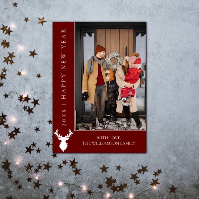 Simple Reindeer New Year's Photo Card | Red (Simple Reindeer New Years Photo Card - Red)