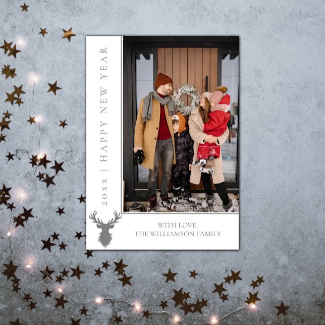 Simple Reindeer New Year's Photo Card | White (Simple Reindeer New Years Photo Card - White)