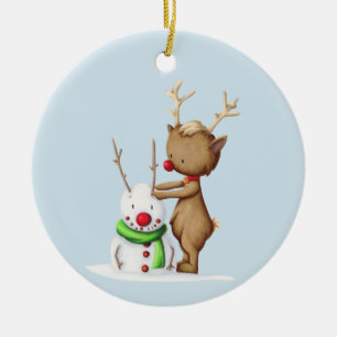 Simple Reindeer Snowman Christmas Ceramic Tree Decoration