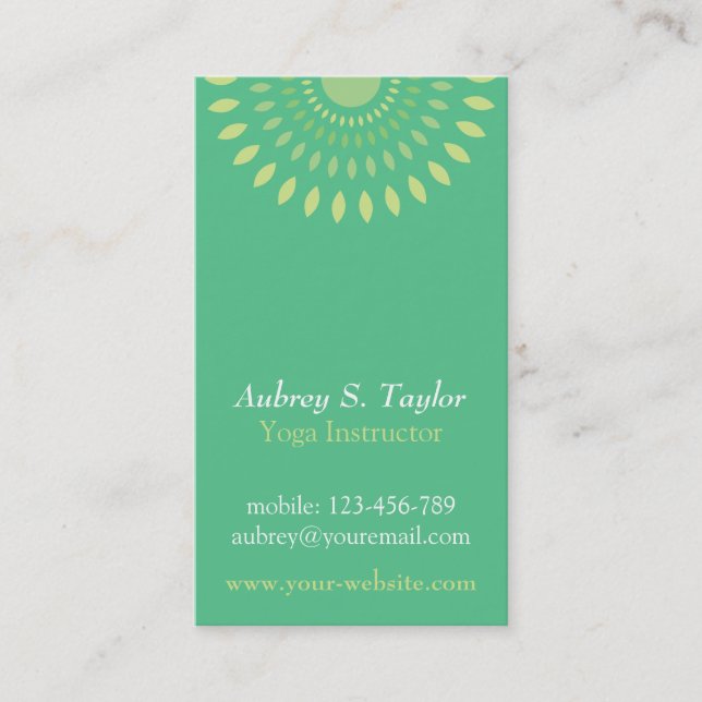 Simple Relaxing Green Leaves Yoga Teacher Business Card (Front)