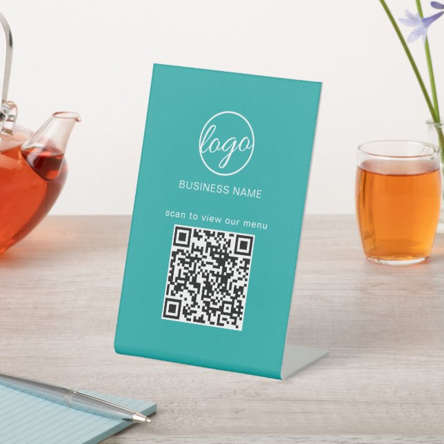 Simple Restaurant Menu Business Logo QR Code Teal Pedestal Sign (In SItu)