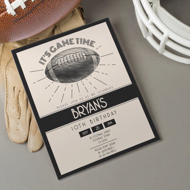 Simple Retro Black Football Budget Birthday Invite (Creator Uploaded)