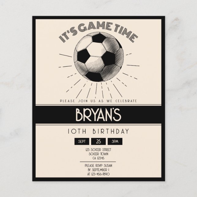 Simple Retro Black Soccer Budget Birthday Invite (Front)