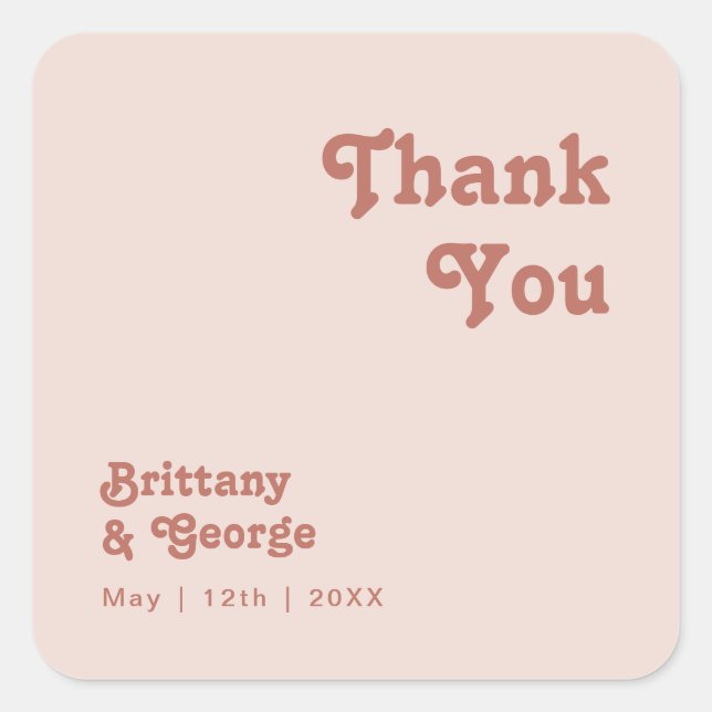 Simple Retro | Blush Pink Thank You Wedding Favour Square Sticker (Front)