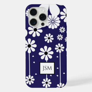 Simple Retro Boho Navy Blue and White Daisy Flower iPhone 15 Pro Max Case