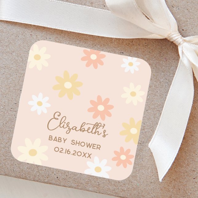 Simple Retro Chic Daisy Boho Girl Baby Shower Square Sticker (Creator Uploaded)