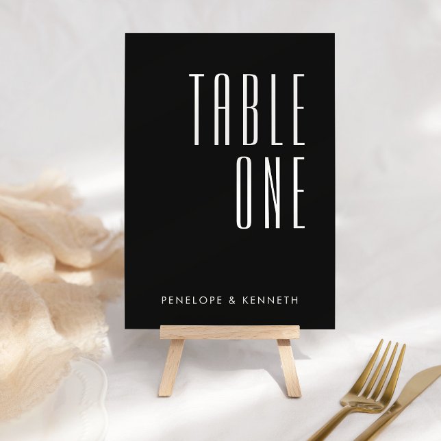 Simple Retro Custom Names Wedding Solid Black Table Number (Creator Uploaded)