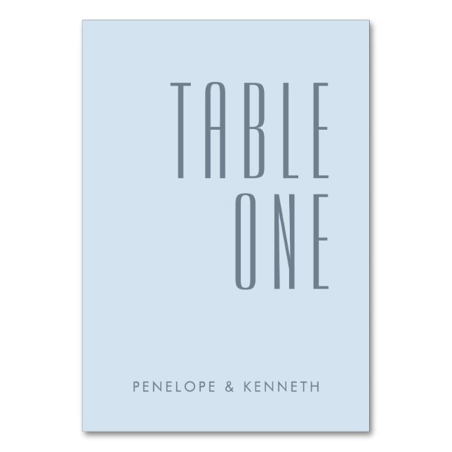Simple Retro Custom Names Wedding Solid Soft Blue Table Number (Front)