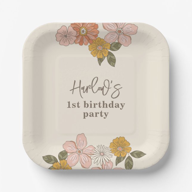 Simple Retro Floral Party Plates (Front)