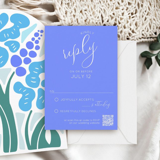 Simple Retro Floral PURPLE Wedding Invitation RSVP (Simple violet purple script formal QR code RSVP card sky blue retro boho floral arch wedding invite)