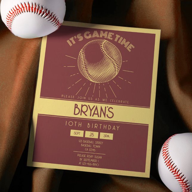 Simple Retro Gold Baseball Budget Birthday Invite (Creator Uploaded)
