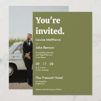 Simple Retro Minimalist Green Photo Wedding Invitation