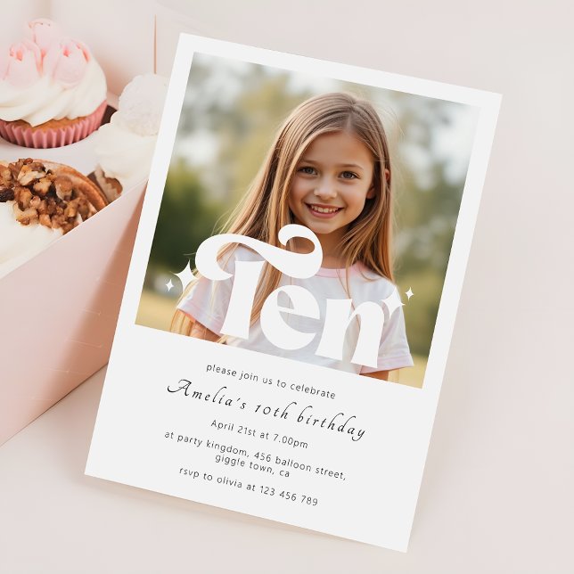Simple Retro Modern Minimalist 10th Birthday Photo Invitation (Creator Uploaded)