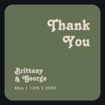 Simple Retro | Olive Green Thank You Wedding Favou Square Sticker<br><div class="desc">This simple retro | olive green thank you wedding favour square sticker is perfect for your classic funky vintage earth tones wedding. The design features a minimalist hippie rustic boho font. The neutral southwest desert colour palette and earthy bohemian mid-century lettering combine for a perfect, minimal modern western destination design....</div>