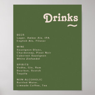 Simple Retro Olive Green Wedding Drinks Menu Sign