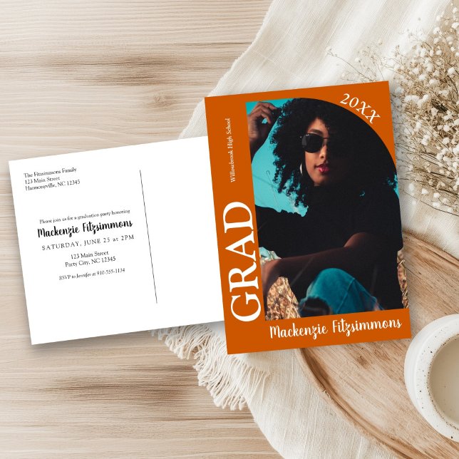 Simple Retro Photo Graduation Invitation Postcard (Burnt Orange Simple Retro Photo Graduation Invitation Postcard)