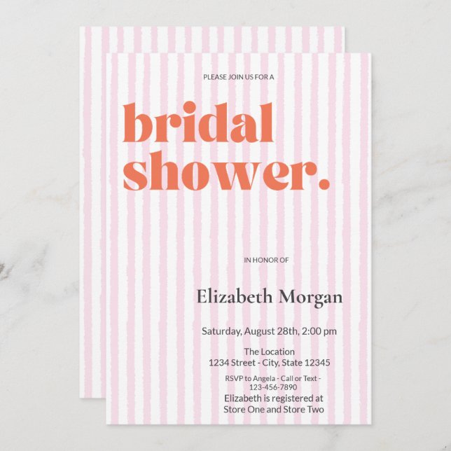Simple Retro Pink Stripes Bridal Shower Invitation (Front/Back)