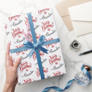 Simple Retro Red White Merry Christmas Name Typo Wrapping Paper