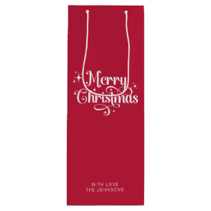 Simple Retro Script Red and White Merry Christmas Wine Gift Bag